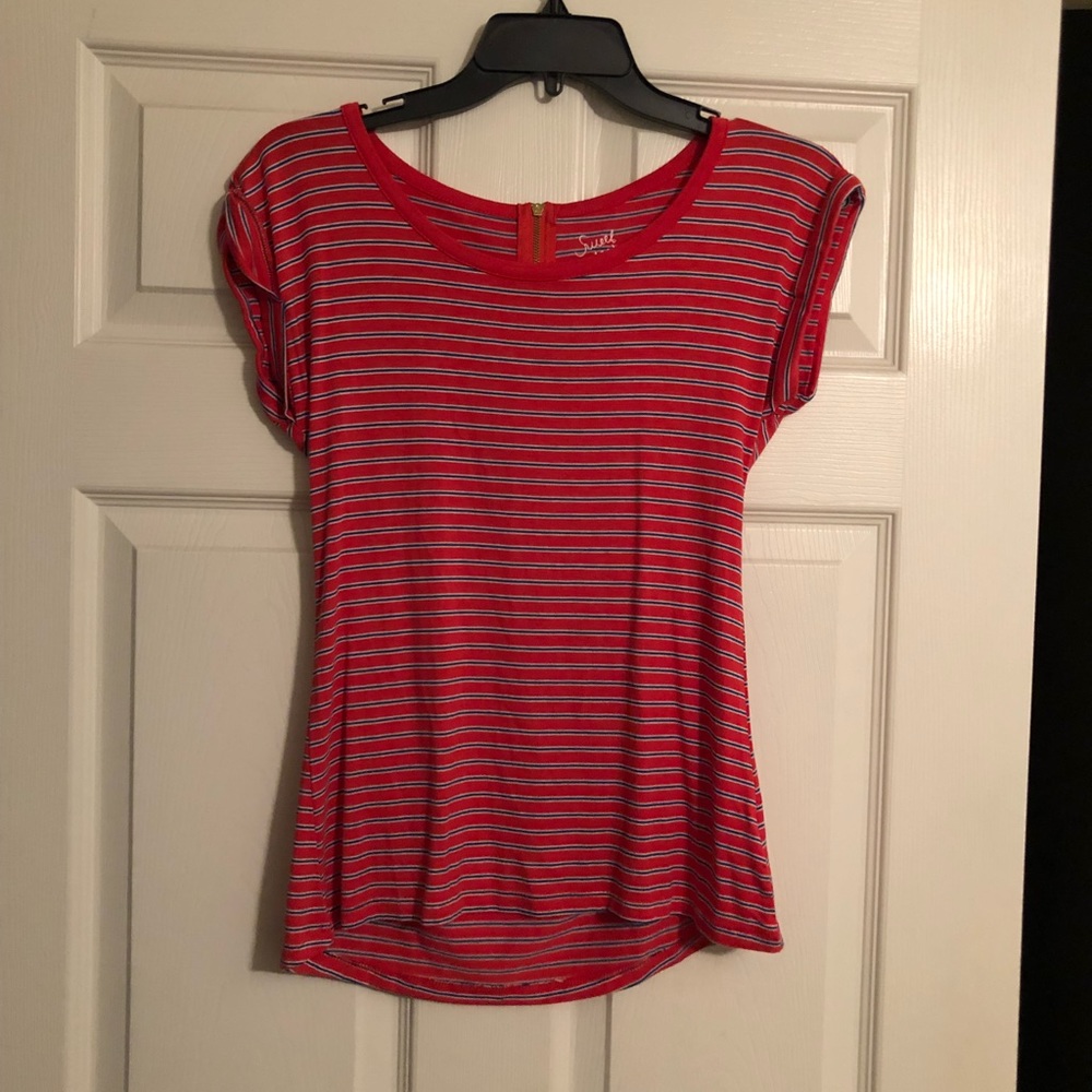Red and white striped top.